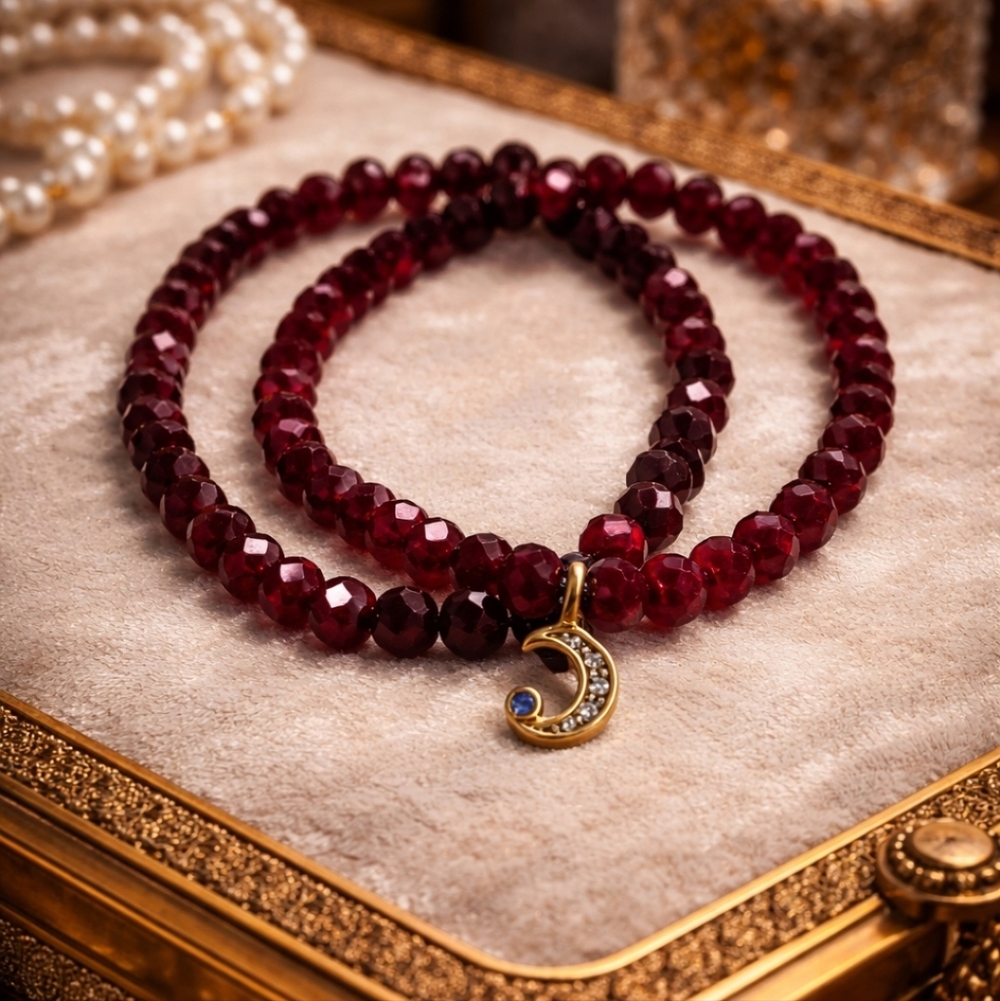 VINTAGE Red Ruby Glass Initial "C" Charm 2 Stretch Bracelets Set